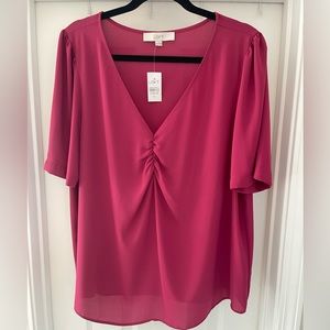 NWT LOFT Short Sleeve Ruched V-Neck Blouse Fuchsia